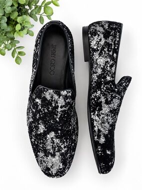 JIMMY CHOO - Sloane Black Velvet & Glitter Loafers + Box